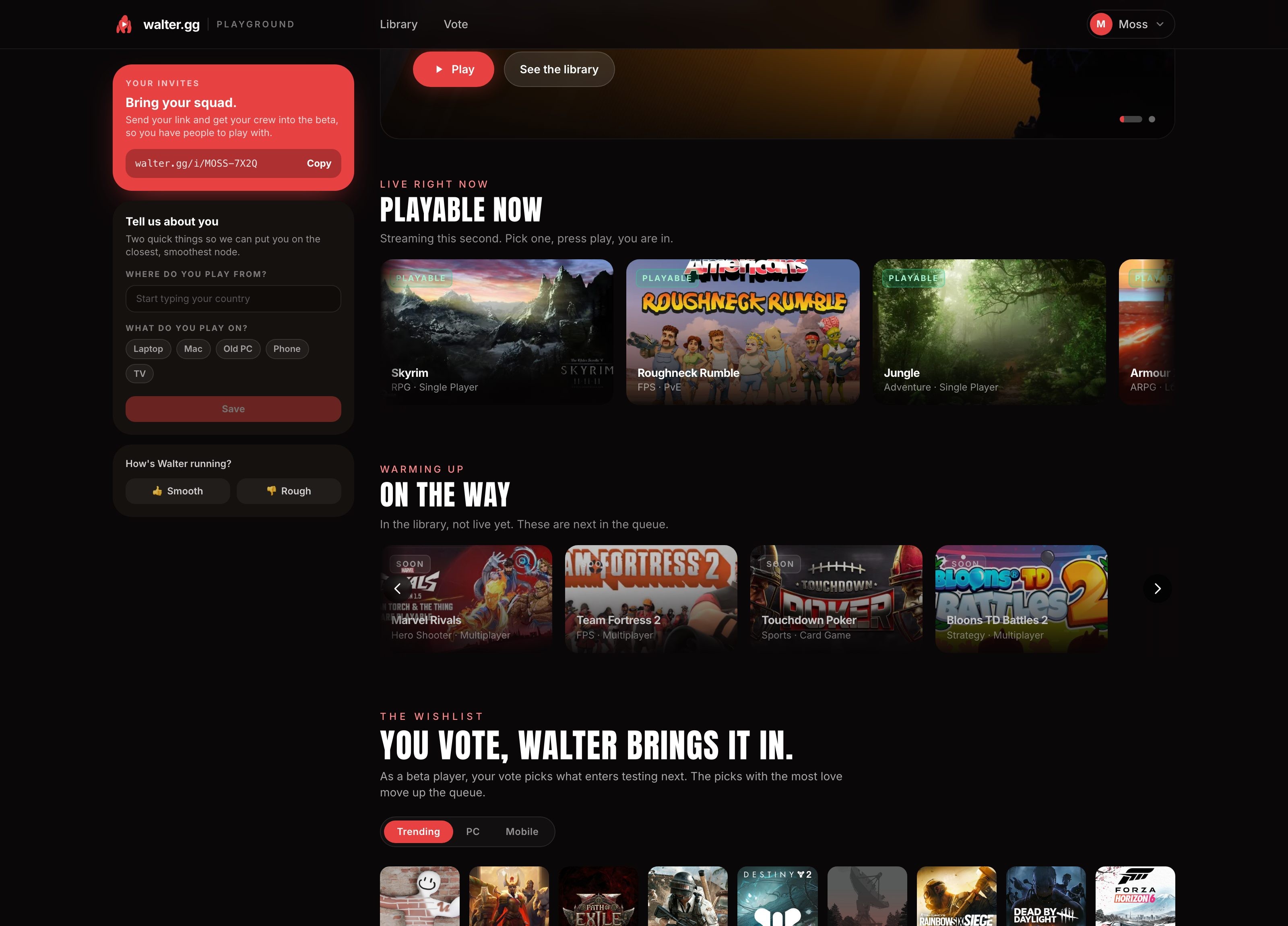 The Walter Playground: the beta home with the full game library